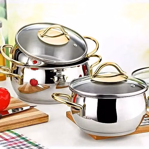 Evimsaray Sevval Series 6-Piece Stainless Steel Mini Cookware Set with Glass Lids and Gold Handles in Silver – 3
