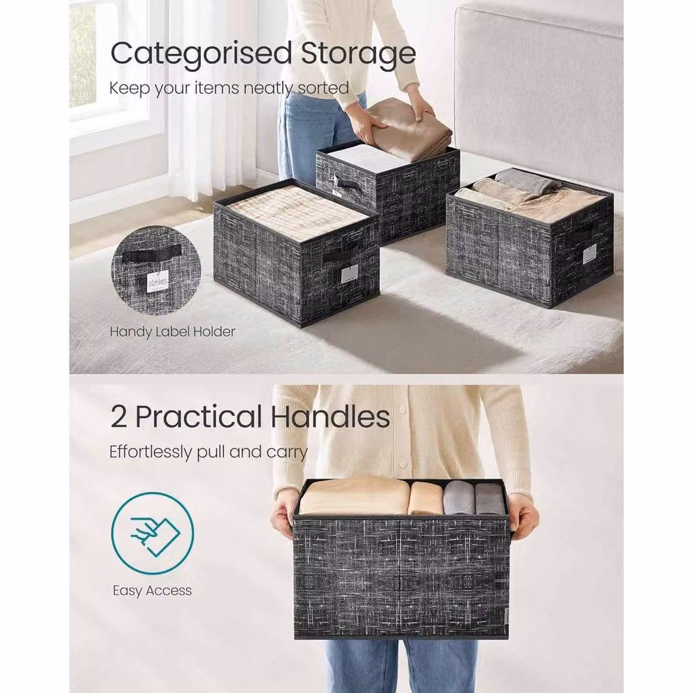 The Bazaarist Set of 3 Foldable Fabric Storage Boxes with Handles, Black – 4