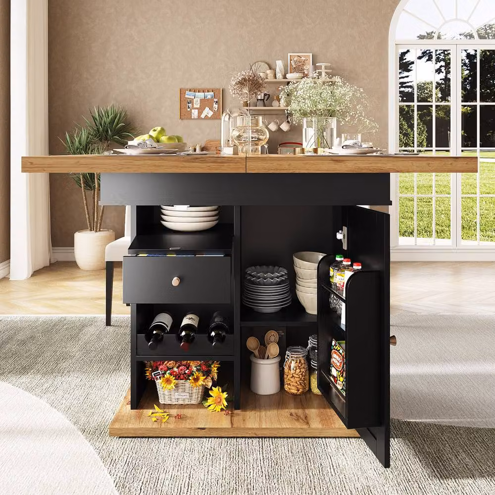 Rolipo Extendable Rectangular Dining Table with Storage and Wine Rack in Black – 2