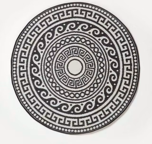 Homescapes Enid Aztec Luxury Round Outdoor Rug, Black and White, Diameter: 180 cm