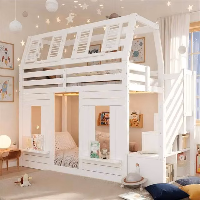 ModernLuxe Kids Loft House Bed in White with LED Under-Bed Lighting and Storage Stairs