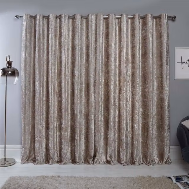 Sienna Pair of Natural Grey Crushed Velvet Eyelet Curtains, Thermal Insulating, Width: 137 cm, Height: 167 cm