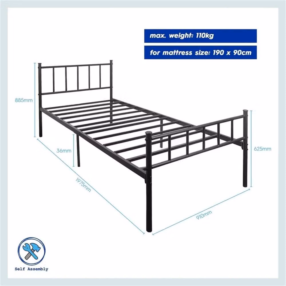 NESTLUNE Black Metal Single Cot Bed Frame with Headboard and Footboard – 2