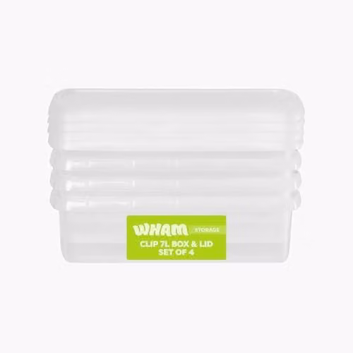 Wham 4 Pack of 7L Rectangular Stackable Plastic Storage Boxes with Lids, Transparent