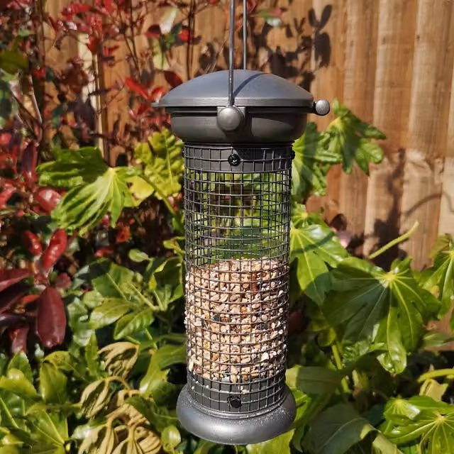 Tom Chambers Flick-Click Wild Bird Hanging Metal Feeder in Silver and Grey