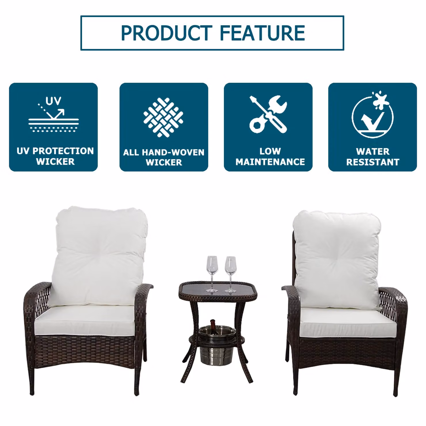 FURNITURE ONE 3 Piece Brown Garden Bistro Set with Glass Table and Ice Bucket – 3