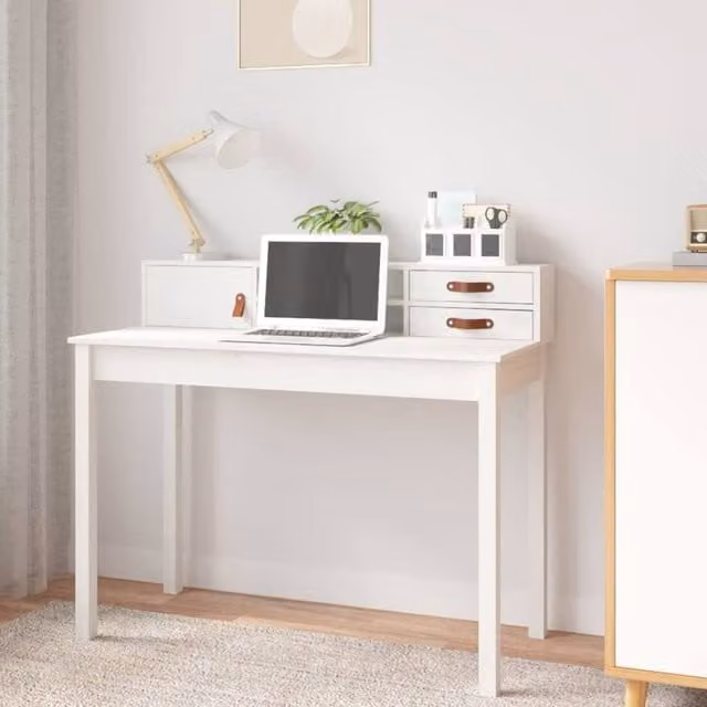 Berkfield Home White Solid Wood Pine Computer Desk W/D/H: 110 x 50 x 93 cm