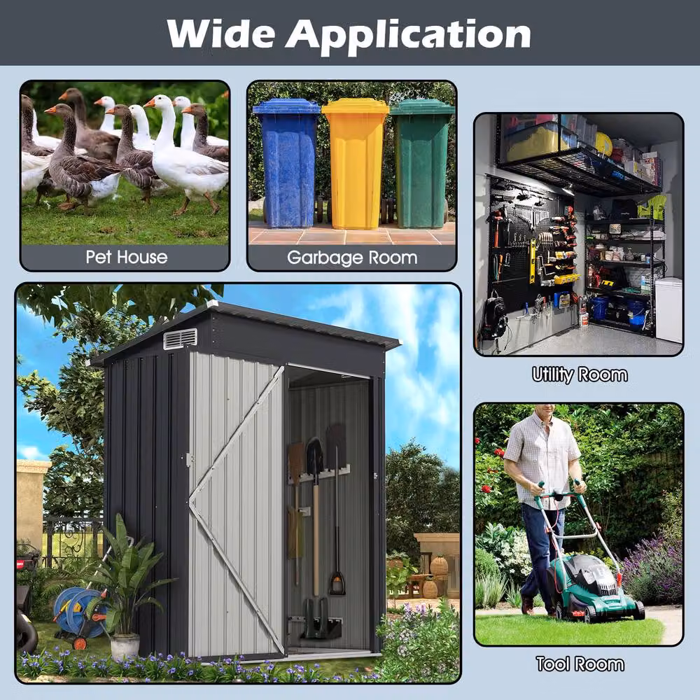 Gymax Pent Storage Shed and Tool House with Sloping Design in Dark Grey, Galvanised Steel Metal Frame – 6