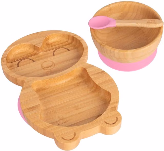 Tiny Dining Pink Bamboo and Silicone Penguin Dinner Set for Babies