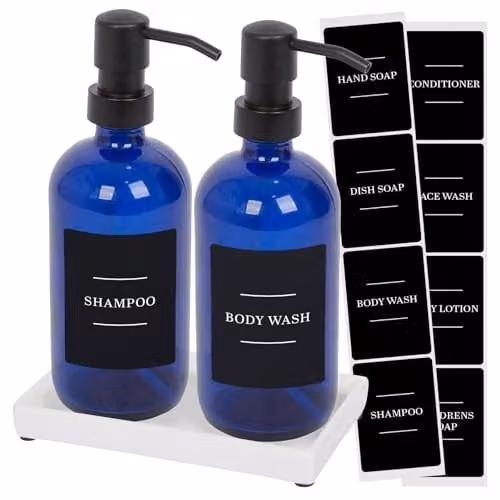 Harbour Housewares 2 Piece Glass Soap Dispenser Set with Ceramic Tray and Labels, 500ml, Blue and Black – 1