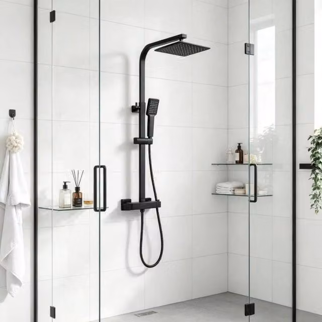 PAWNORA Thermostatic Dual Exposed Shower Mixer Set with Single Lever in Matt Black – 1