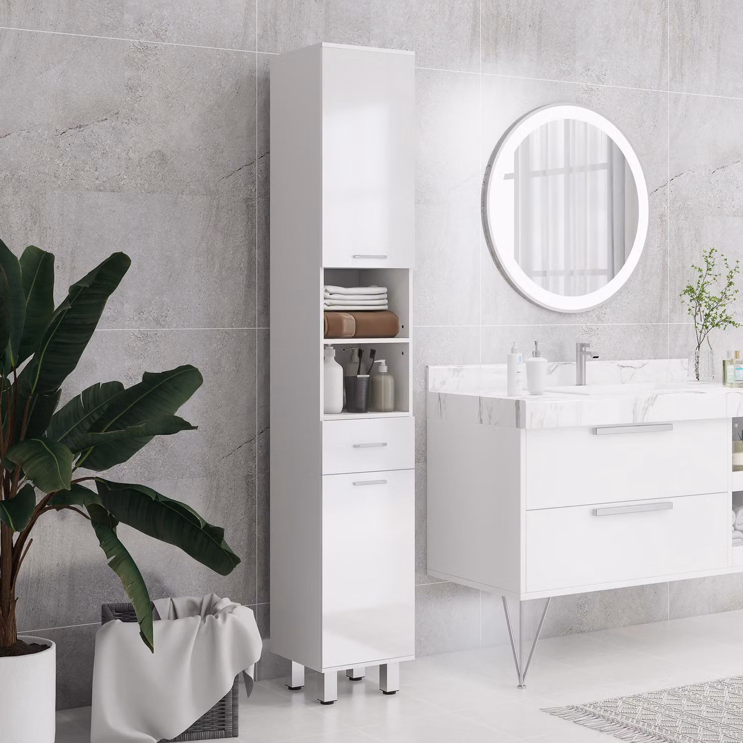 Kleankin Tall Slim Bathroom Storage Cabinet in High Gloss White with Drawer, Open Shelves and Adjustable Internal Shelves, H 180.34 cm x W 30 cm x D 40 cm – 2