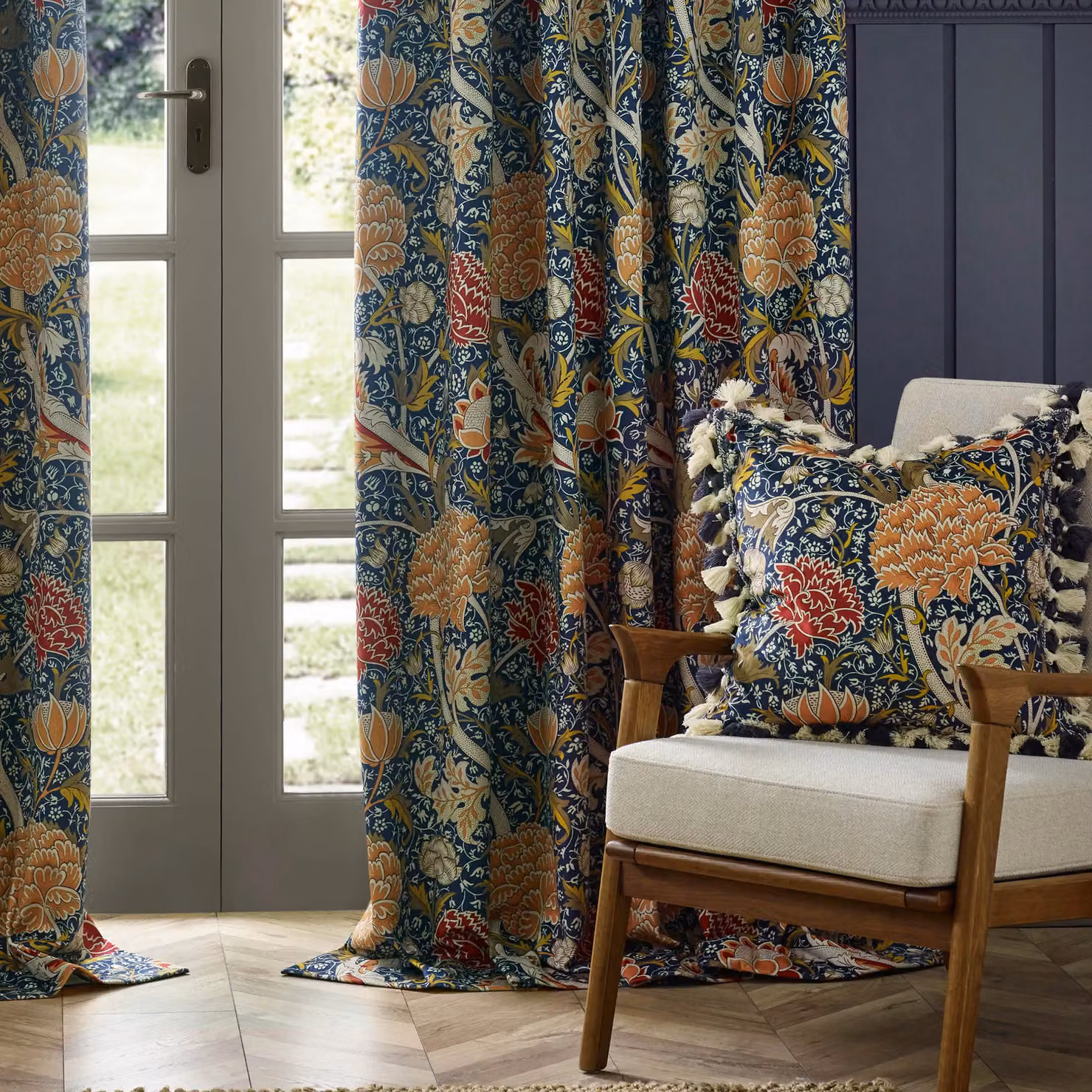 Morris & Co. Cray Floral Velvet Pencil Pleat Room Darkening Curtains in Indigo Blue, Width: 229 cm, Drop: 183 cm – 4
