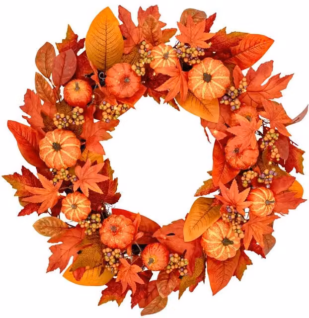 BOSK Pumpkin Orchard 26 inch Autumn Wreath with Warm White LED Microbulbs in Orange, Red and Yellow