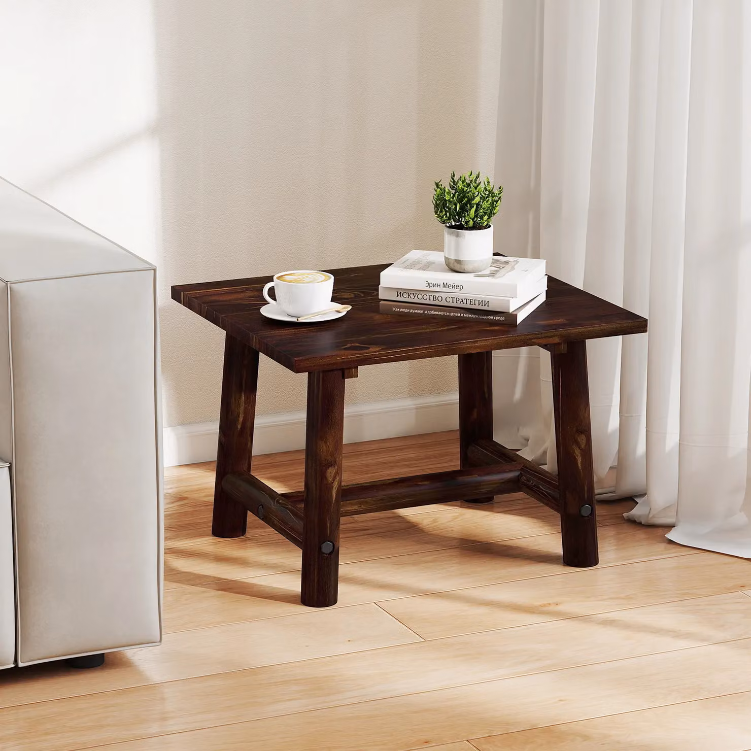 Costway Square Side Table in Brown Solid Pine Wood – 3
