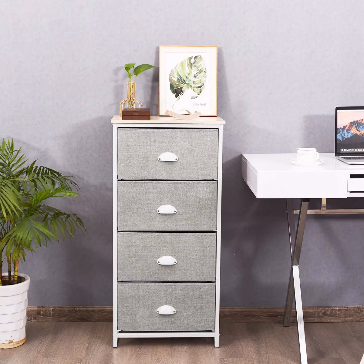 Costway 4-Drawer Fabric Dresser with Metal Frame, Grey Multicolour Chest of Drawers and Nightstand – 2