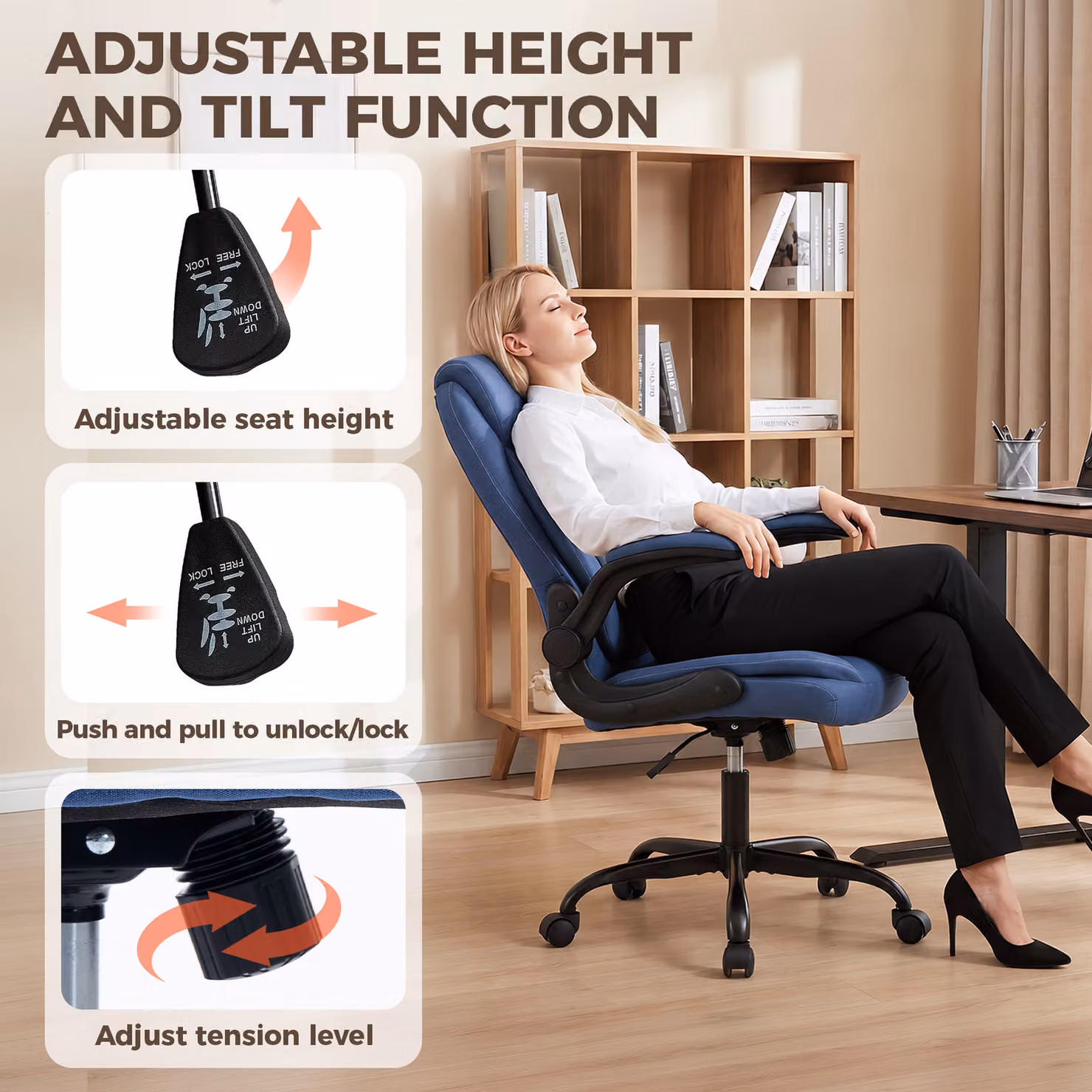 HOMCOM Blue Linen-Look Executive Office Chair with Flip-Up Armrests and Thick Cushion – 5