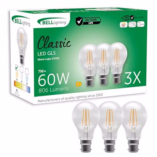 BELL Lighting B22 Warm White LED Filament Globe Bulbs, 7W, Pack of 3