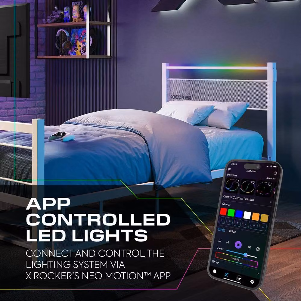 X Rocker Basecamp RGB Gaming TV Bed with App Controlled LED Lighting in White, Size: Single (90 x 200 cm) – 4
