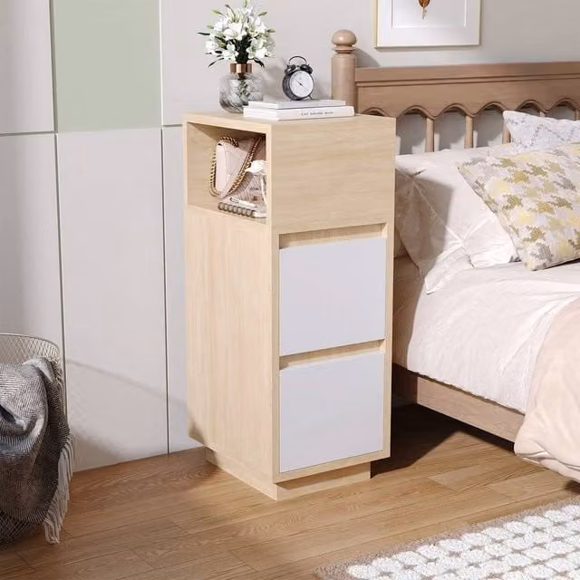 KORVIXA Modern Wood Bedside Table in White and Beige – 1