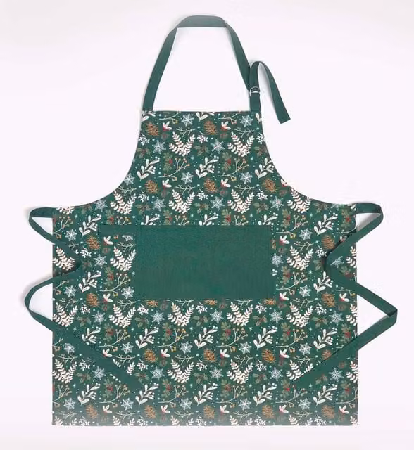 Homescapes Festive Forest Green Cotton Christmas Apron for Adults in Green, Red and Gold