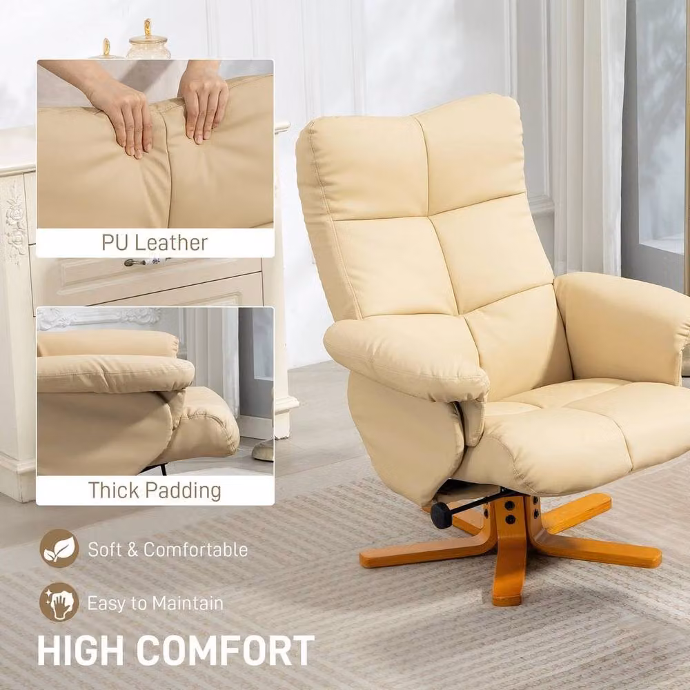 NESTLUNE Recliner Chair and Footstool with Wooden Base, Beige PU Leather – 2