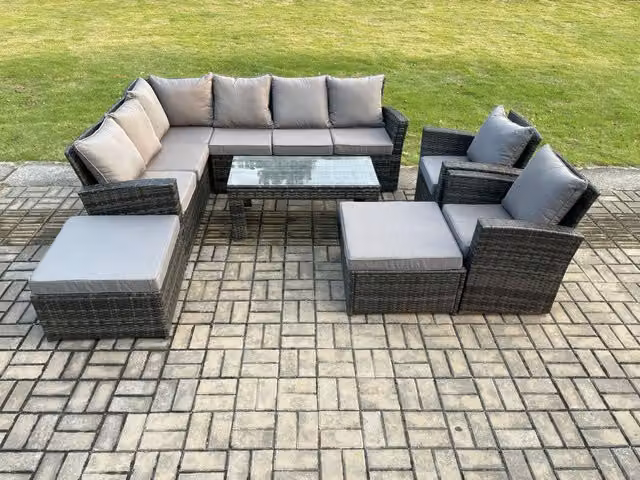 Fimous Rattan Garden Dining Set with Corner Sofa, 2 Armchairs and 2 Large Footstools in Dark Grey Mixed