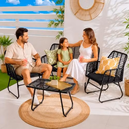 Neo 4 Piece Rattan Garden Furniture Set with 2 Seater Sofa, Armchair, Coffee Table and Cushions in Black and Grey – 2