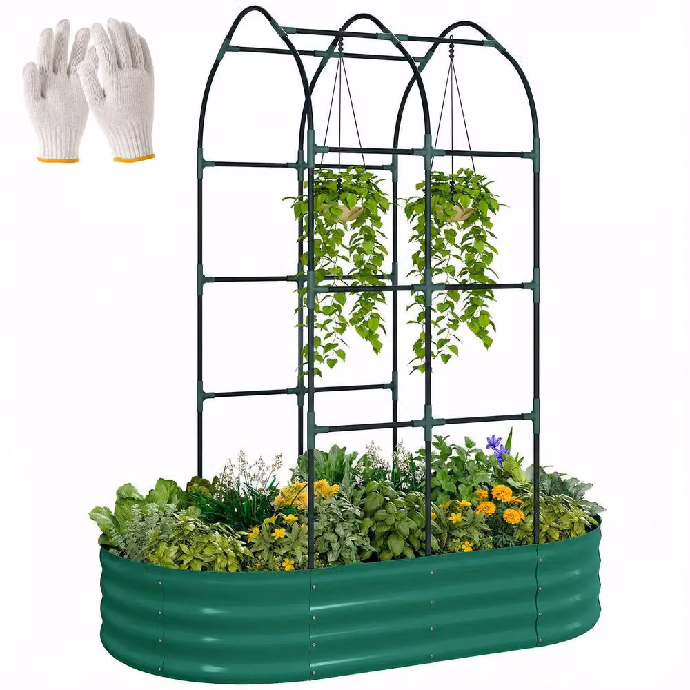 OUTSUNNY Galvanised Steel Raised Garden Bed with Trellis, Green, W: 152.4 cm, D: 90.0 cm, H: 182.88 cm – 2