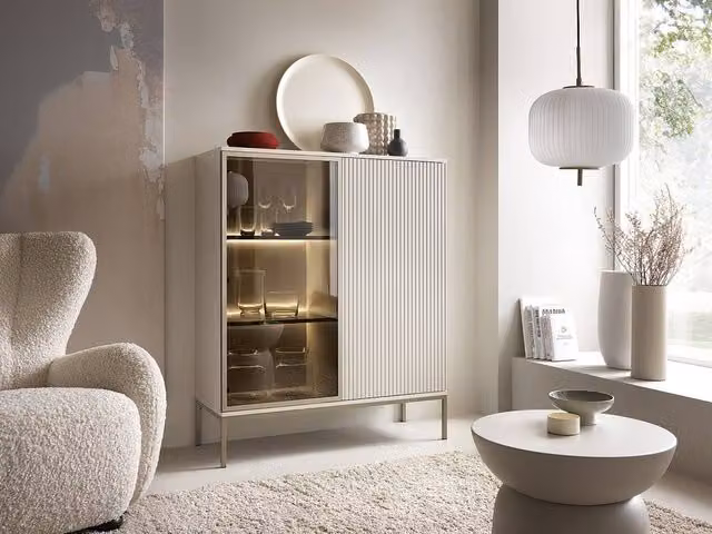 Vente-unique Modern 2-Door Display Cabinet with Integrated LED Lighting in Beige and White MDF and Smoked Glass