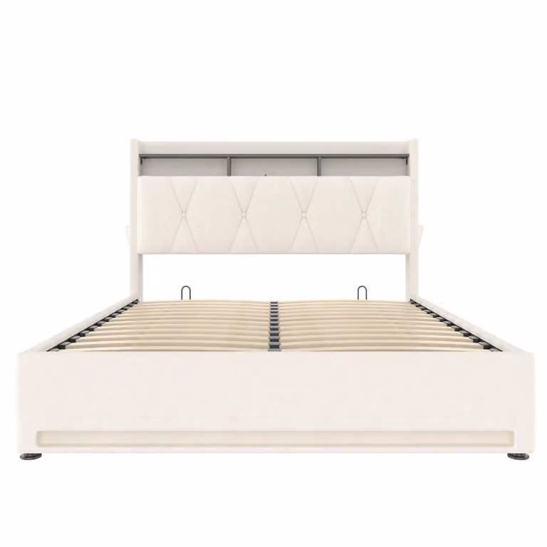 Aosom UK Beige Upholstered Velvet Platform Bed with Hydraulic Storage and USB Charging Port, W: 143 cm, D: 211 cm, H: 116.5 cm