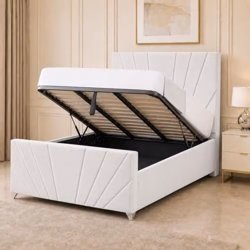 Living Comfort Bedz Sunrise Bed in White Plush Velvet with Gas Lift Base, 5ft King Size