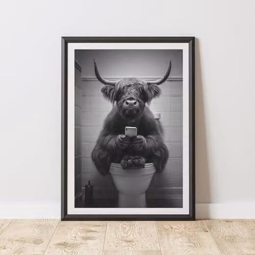 60 Second Makeover Highland Cow on Toilet Quirky Animal Print Paper Poster, A3