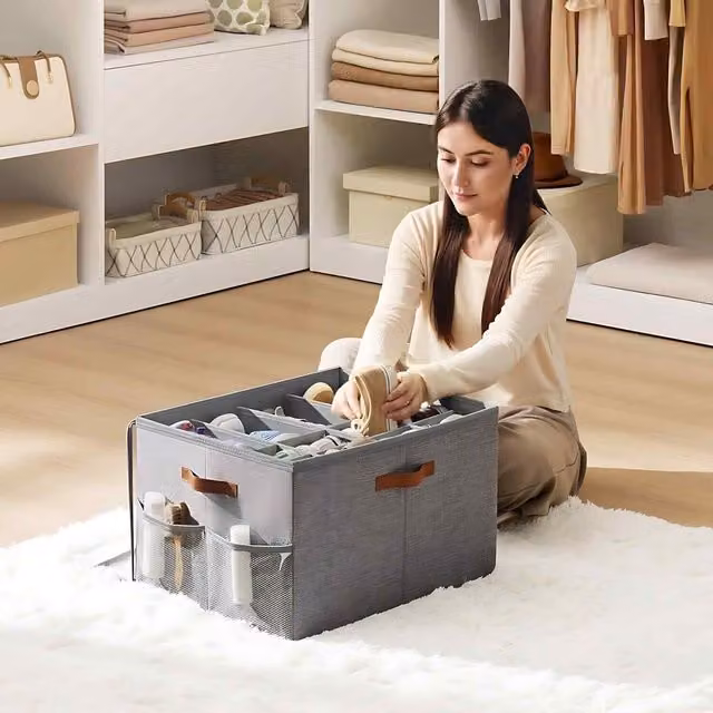 The Bazaarist Set of 2 Fabric and Cardboard Shoe Storage Boxes with Clear Lids and Handles, Grey, W: 43.0 cm, D: 32.5 cm, H: 43.0 cm