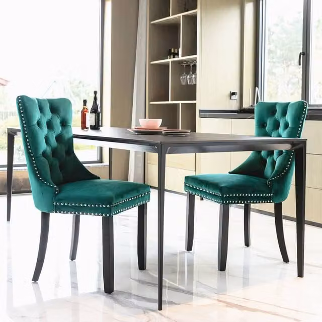 HomeTouch Taylor Pair of Green Velvet Kitchen Dining Chairs with Knocker Detail