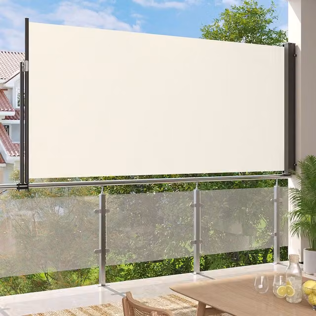 Livingandhome Outdoor Retractable Side Awning Sunshade Blind in Beige White, Polyester and Aluminium, Width: 140 cm