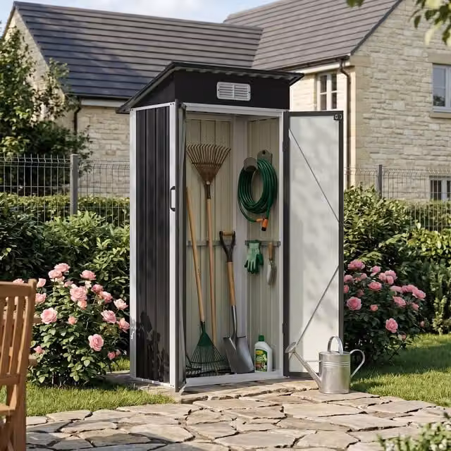 Breeins Metal Pent Garden Storage Shed with Double Doors, Black and White, W/D/H: 182.88 x 121.92 x 182.88 cm
