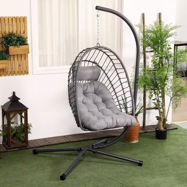 OUTSUNNY PE Rattan Hanging Swing Chair with Thick Cushion in Grey and Light Grey