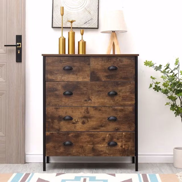 HMD Furniture Industrial Style 5-Drawer Chest of Drawers in Brown Wood Finish, Width: 90 cm