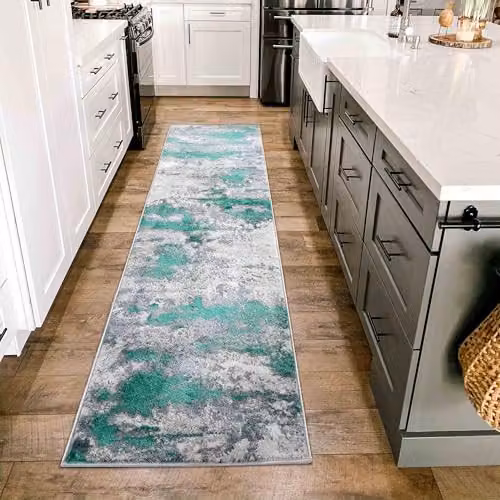 Serdim Rugs Emperor Abstract Modern Hallway Runner Rug, Aqua and Silver, W: 60 cm, L: 220 cm – 1