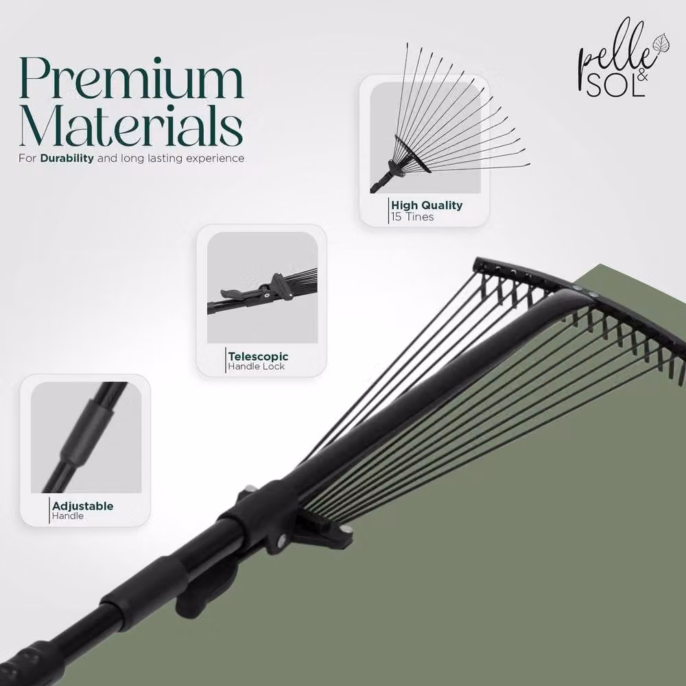 Pelle & Sol Adjustable Garden Rake in Black with 25 Tines – 6