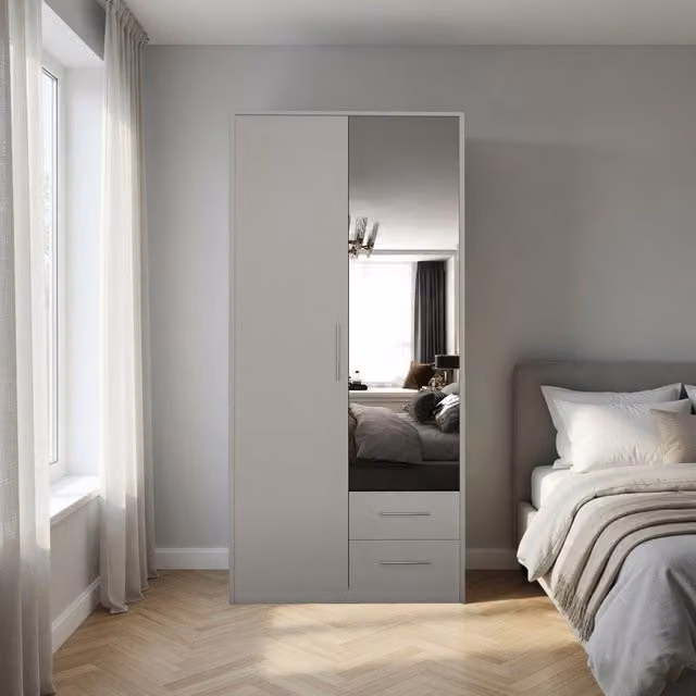 Swindon Matt White 2 Door 90cm Wardrobe with Mirror and Integrated Drawers