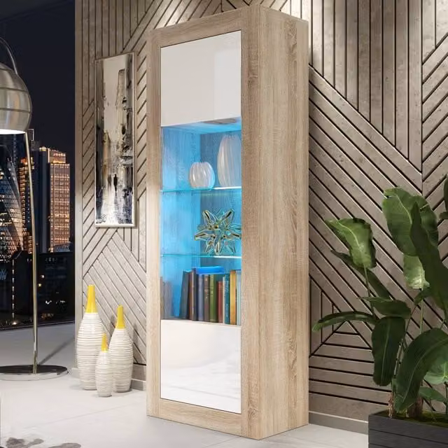 Mex Furniture LTD Illume Display Cabinet in Oak and White Gloss with LED Lighting, H 170 cm x W 63 cm x D 35 cm – 1