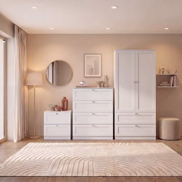 Vida Designs Altino 3 Piece White Engineered Wood Bedroom Set Including Wardrobe, Chest of Drawers and Nightstand