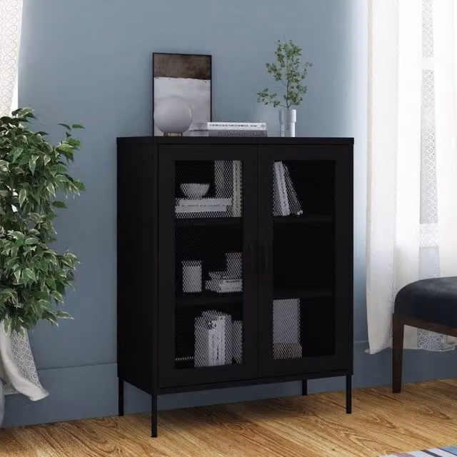Berkfield Home Industrial Black Steel Storage Cabinet with Glass Hinged Doors W/D/H: 80 x 35 x 101.5 cm