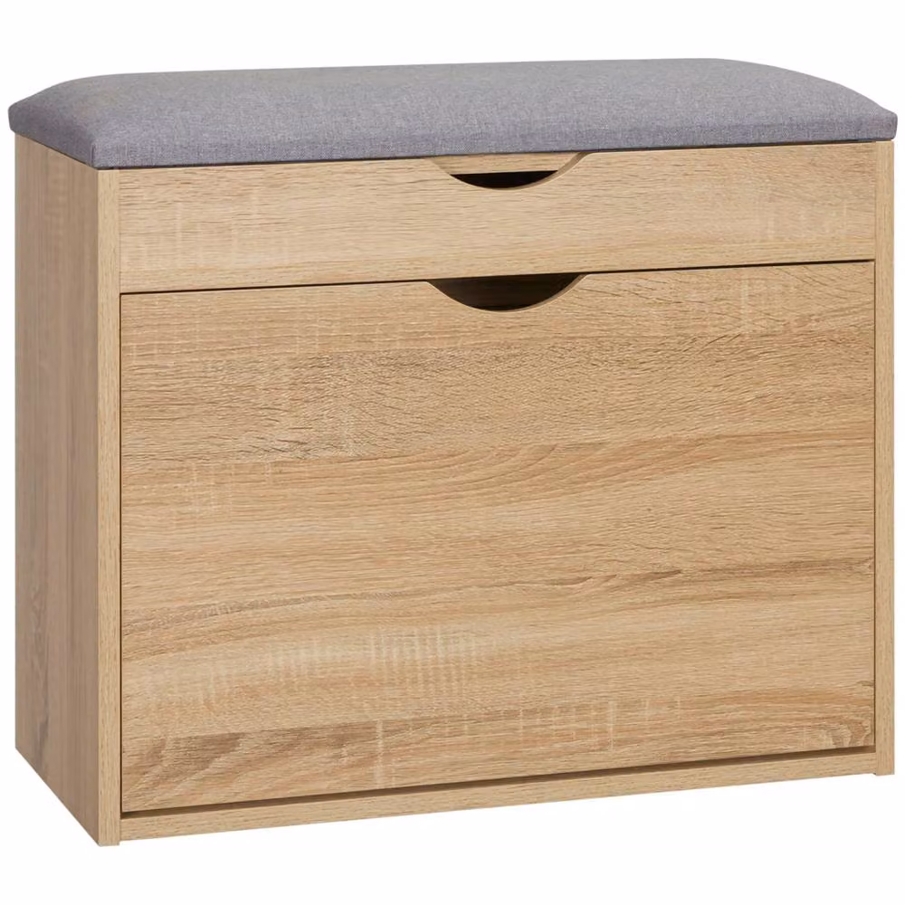 Wyld Haus Zielma Grey and Natural Wood Effect Shoe Bench with Cushioned Fabric Seat – 2