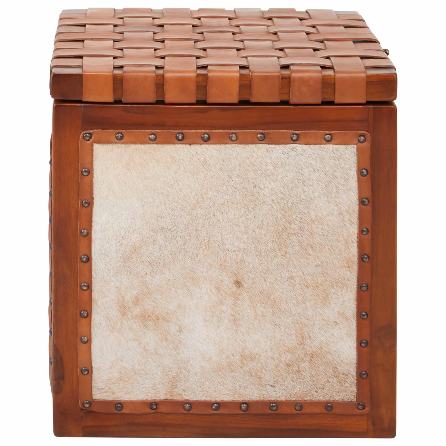 Orsina Brown Storage Stool with Teak Wood Seat and Hair-on-Leather Base – 4