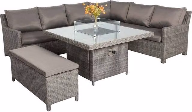 A-MIR Paris 7 Piece Modular Corner Dining Set in Grey Polyrattan with Glass Tabletop