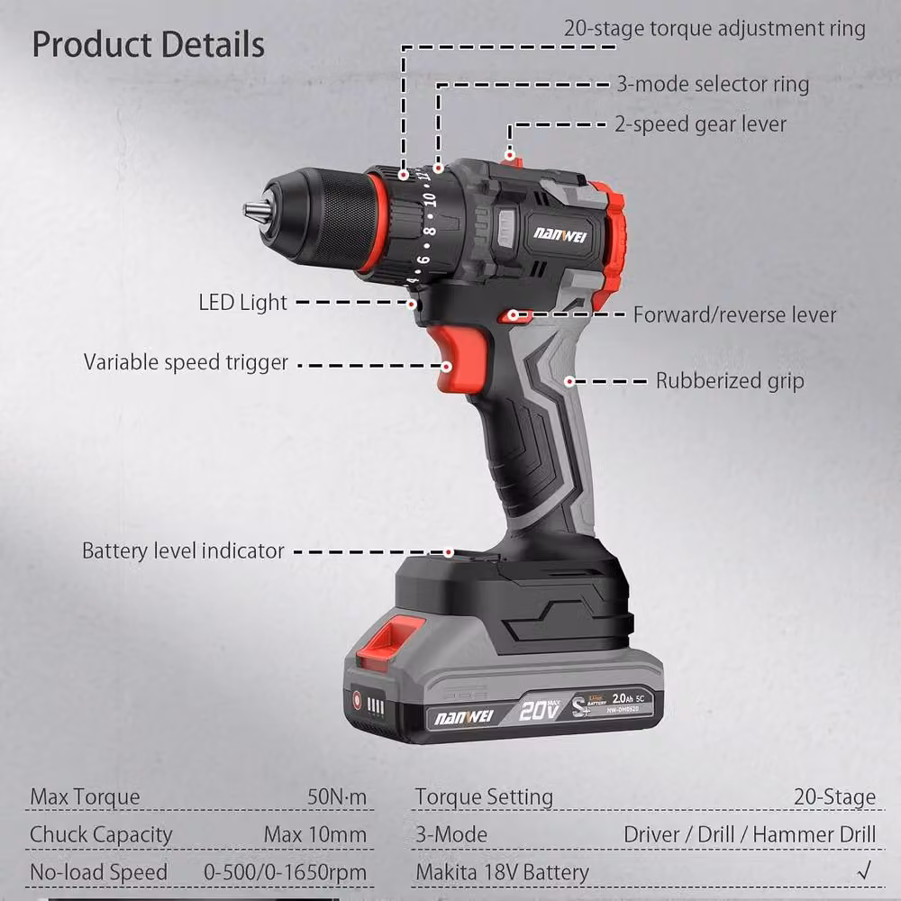 NANWEI 20V Cordless Drill Driver with 2 Rechargeable Batteries and LED Light, Multicolour – 4