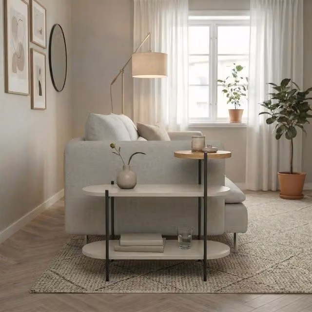 Decortie Somo 3-Tier Display Side Table with Oval and Round Shelves in Sandstone, W/D/H: 25.5 x 25.5 x 63.5 cm